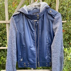 Blue and Grey pleather jacket with hood